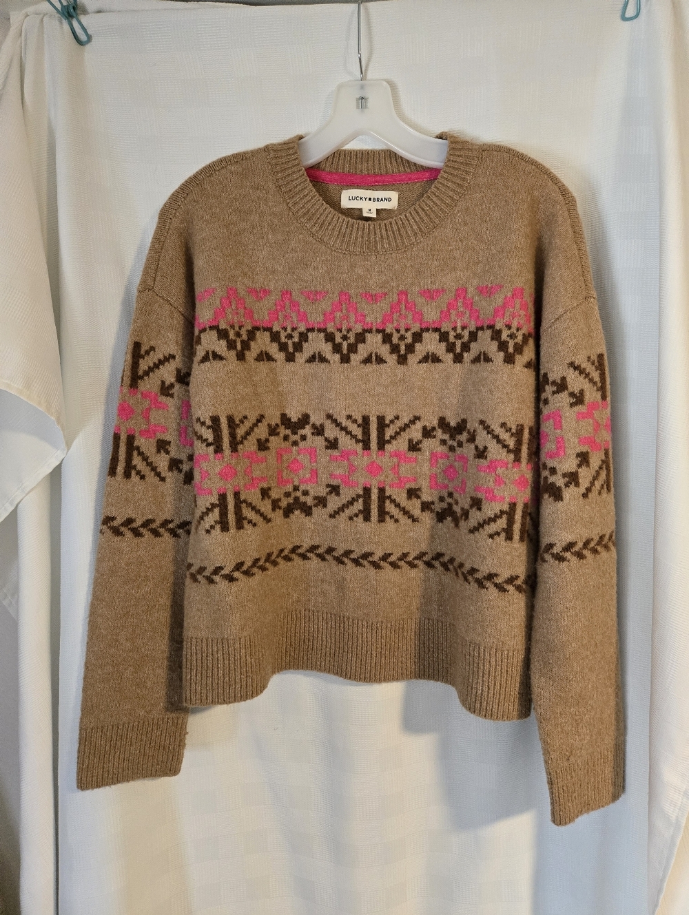 Lucky Brand Tan Crewneck Sweater with Pink & Brown Fair Isle